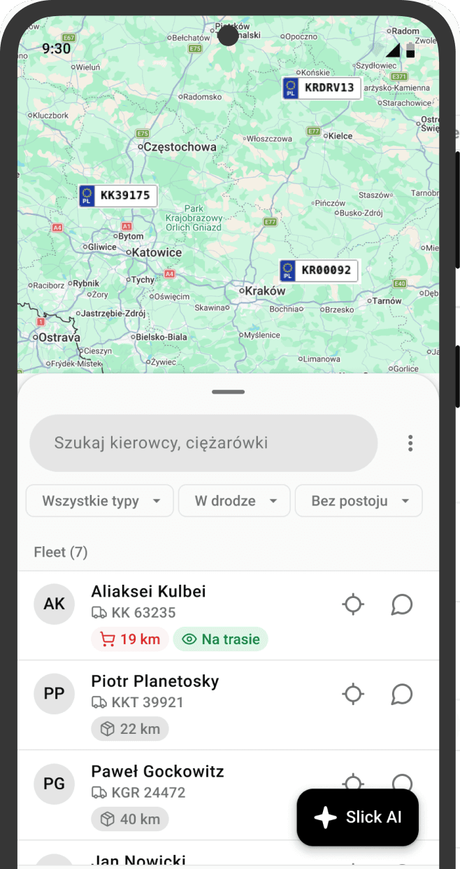 Ekran mapy z kontrolą tras i statusem zleceń