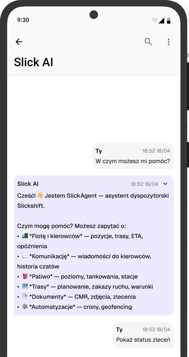 Ekran rozmowy z asystentem Slick AI